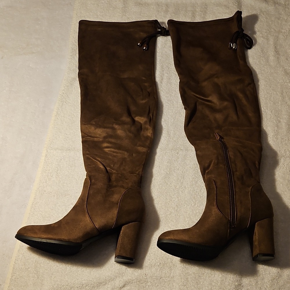 J.Adams Shoes Aspen Brown Suede Over the Knee Round Toe Zipper Tie Women 6.5
